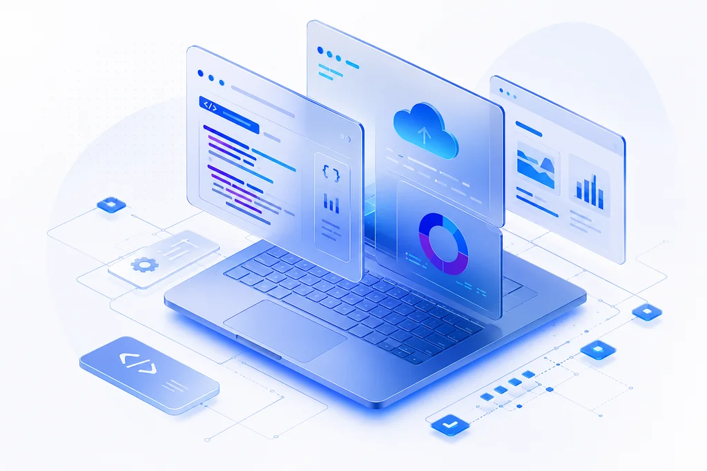 Custom software development dashboard showing modern UI design, code architecture, and data analytics for business solutions